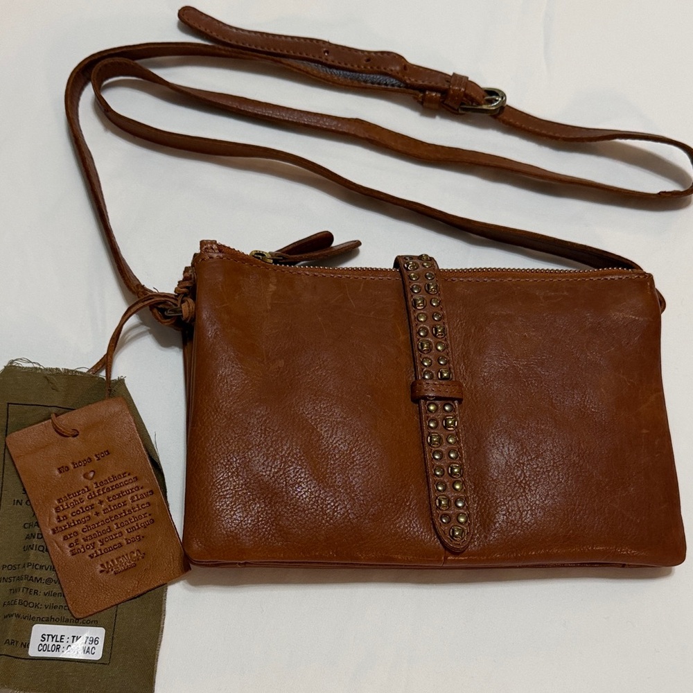 Vilenca Holland Genuine Leather Crossbody Bag 3 Compartments Cognac NWT
